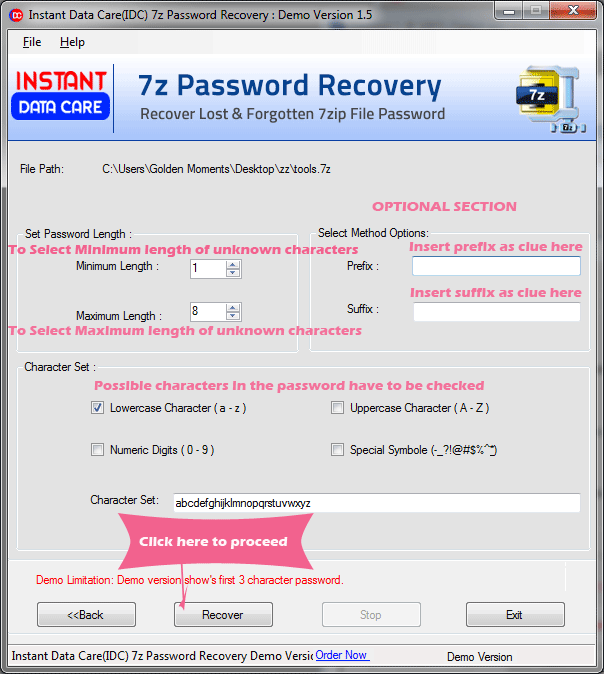 Working screen of IDC 7z password recovery