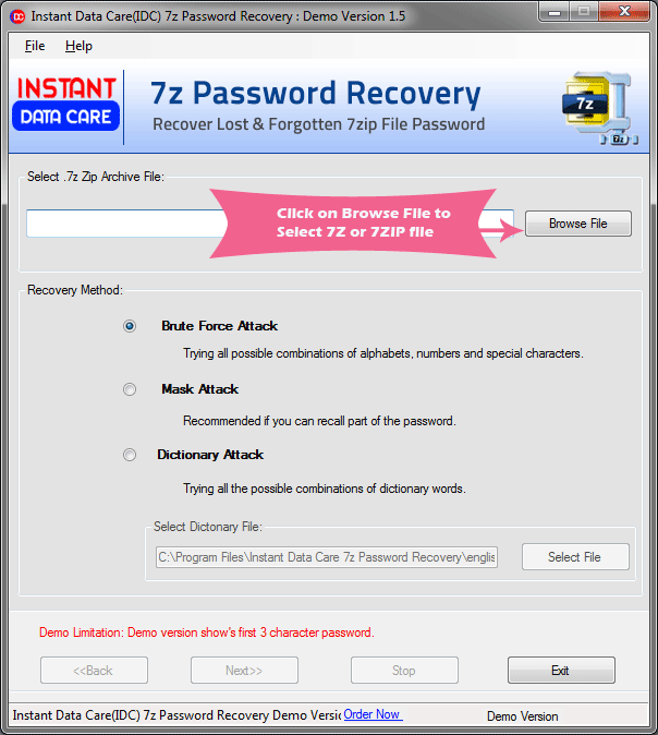 Select 7z/7zip file for password recovery
